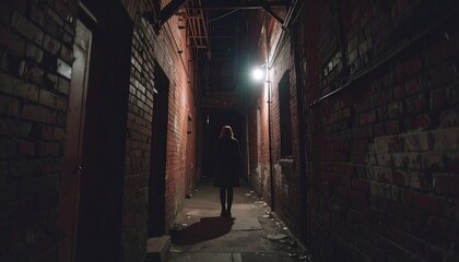 Fototapeta premium A solitary figure in a dark alleyway at night