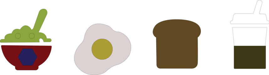 
Breakfast Icons set, Fried egg, Delicious breakfast menu with pancakes, waffle, toasted bread, croissant, bacon, sausage, coffee and orange juice, Croissant pastry,pancakes icon vector,