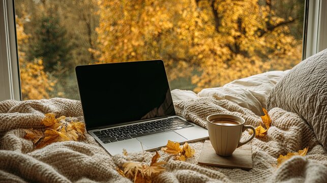 Cozy autumn scene with laptop coffee and blanket near window decorated with golden fall leaves - Powered by Adobe