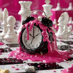 A melting clock, dripping pink, sits on a chessboard. White and black pieces surround it