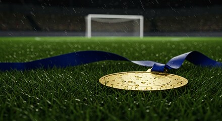 Golden medal on wet grass with water droplets glistening, soccer field background, cinematic close-up, ultra realistic photo
