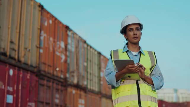Industrial Engineer In Hard Hat And High-Visibility Vest, Records Product Quality In Outdoor Warehouse, Working On Tablet Computer. Employee At Cargo Center Makes Notes On Device, Standing Outside