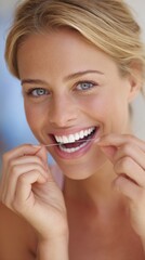 Obraz premium Woman smiling while flossing outside
