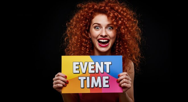 Event Announcement: A captivating woman, with a vibrant smile, unveils an Event Time sign against a modern black backdrop, creating an impactful visual for promoting gatherings or special occasions. 