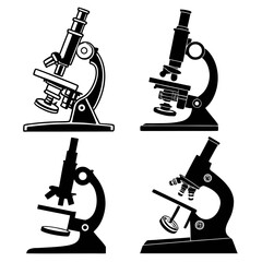 A collection of four distinct black silhouette illustrations of vintage and modern microscopes showcasing scientific instruments for magnification and research exploration