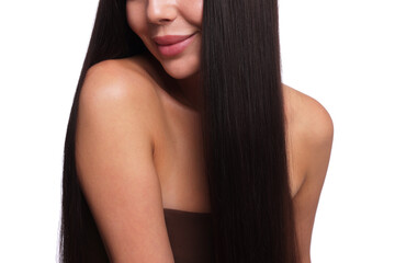 Woman with beautiful smooth hair after lamination procedure on white background, closeup