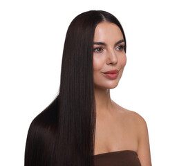 Woman with beautiful smooth hair after lamination procedure on white background