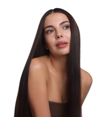 Woman with beautiful smooth hair after lamination procedure on white background