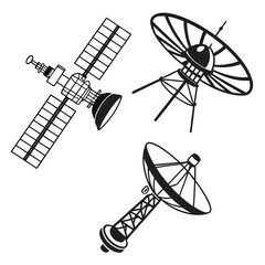 Collection of satellite and satellite dish icons representing space communication technology and data transmission in a simple black and white graphic illustration
