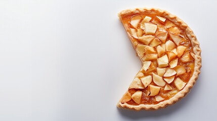 Apple pie with missing slice isolated on white background. Culinary, seasonal, tax concepts