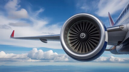 Airplane engine and wing in flight against a blue sky with white clouds