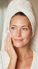 Woman applying skincare in bathroom after shower