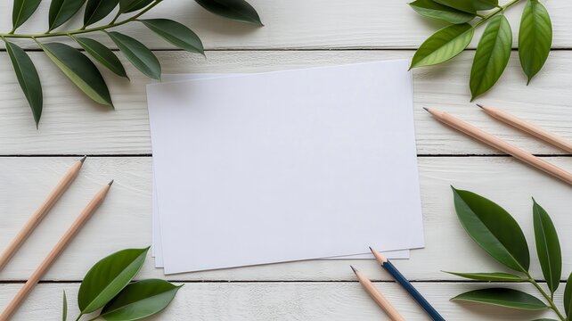 Blank paper with pencils and leaves on a white wood table for creative concepts