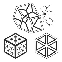Abstract geometric shapes including a wireframe cube with cracks a patterned cube and a hexagonal design presented in a simple black and white line art style
