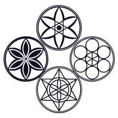 Fototapeta premium A collection of sacred geometry symbols including the flower of life seed of life star of david and atomic structure arranged in a symmetrical pattern on a white background