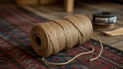 Coiled twine ball on patterned surface craft supply cord rope artisan