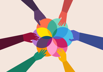 Six hands holding merge of six circles, company equity merge concept illustration