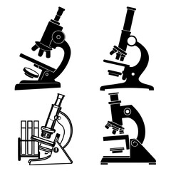 Collection of four black silhouette illustrations of various microscopes and a rack of test tubes representing scientific research and laboratory equipment on a white background