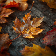Macro shot of a delicate, glowing maple leaf made of transparent glass on a textured wooden background