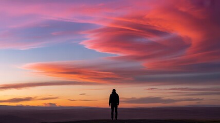 Dramatic Sunset Sky Over Silhouette Person on the Horizon with Striking Cloud Formations