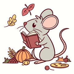 Bashful expression on a Rat in a Thanksgiving theme, with reading a book – Harvest Blessings vector art