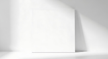 Fototapeta premium Blank White Poster Frame Leaning on a Clean White Wall in a Minimalist Room with Natural Light and Soft Shadows, Creating a Serene and Spacious Backdrop for Design Mockups or Presentations