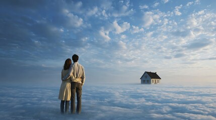 Loving young couple looking at dream house, dreming