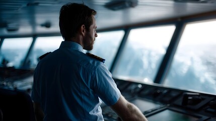 Ship captain attentively watches the sea from the bridge