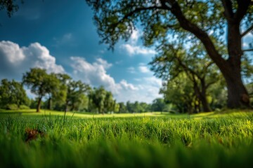 Obraz premium Lush, green grass stretches towards trees under a bright blue sky, with soft clouds. Sunlight illuminates the scene creating depth