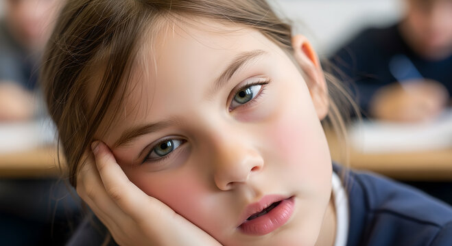 A bored young student resting her head in her hand during a class lesson seemingly uninspired and