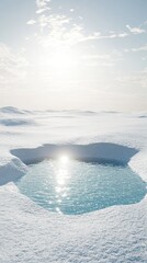 Serene arctic scene showcasing a melting ice pool reflecting sunlight on a snowy landscape