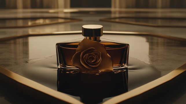 Elegant perfume bottle with a golden rose on a reflective surface evoking luxury and sophistication