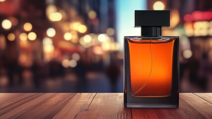 Elegant perfume bottle on a wooden surface with a blurred cityscape backdrop creating an ambiance
