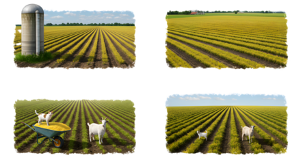 FARMING - Farm field with rows of crops and goats grazing near a silo and wheelbarrow in a rural agricultural landscape, perfect for farming and nature projects