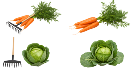 FARMING - Fresh carrots with leafy greens and green cabbage heads with gardening rakes isolated on white background, perfect for healthy eating or garden themes