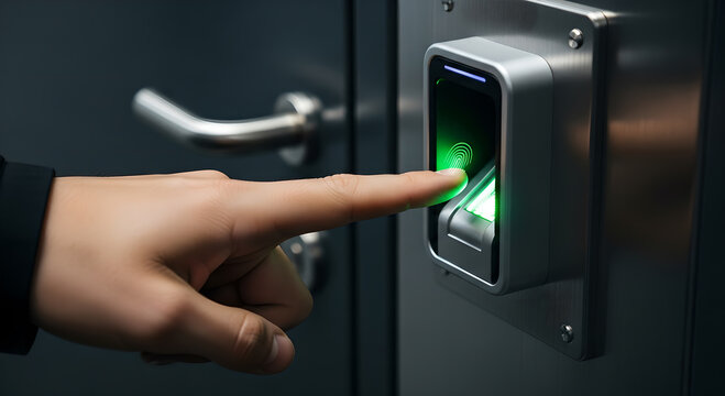 Biometric access control system showcasing fingerprint authentication for secure door entry and - Powered by Adobe