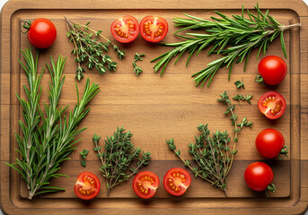 Fresh ingredients including vibrant cherry tomatoes and aromatic herbs artfully arranged on a wooden cutting board, ready for cooking.