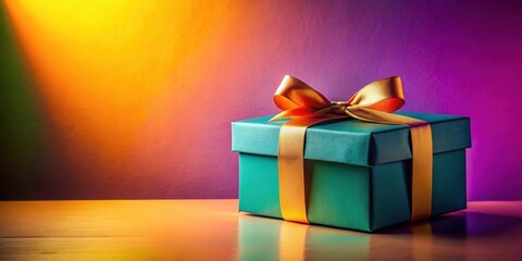 A teal gift box adorned with a golden ribbon, resting on a reflective surface against a vibrant backdrop of warm and cool hues, symbolizing celebration and anticipation