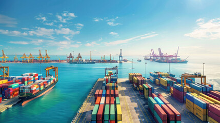 Massive international trade port with colorful shipping containers, cranes, cargo ships, ocean horizon, clear blue sky, cinematic aerial view, ultra-realistic industrial photography style