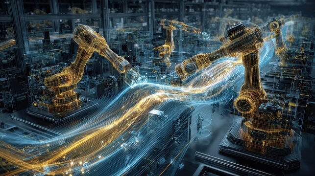 Quantum Production Floor: Holographic assembly robots weaving light-based materials while data cascades through transparent manufacturing cells
