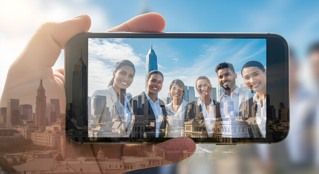 Diverse business team on smartphone screen with city overlay showcasing global collaboration and - Powered by Adobe