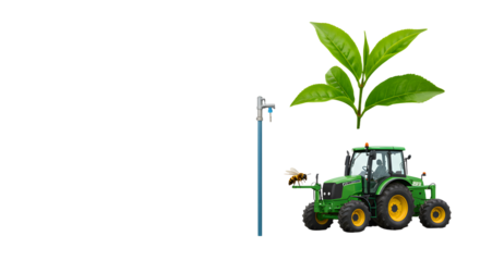 FARMING - Green tractor with large growing plant on white background, agricultural farming and environmental growth concept