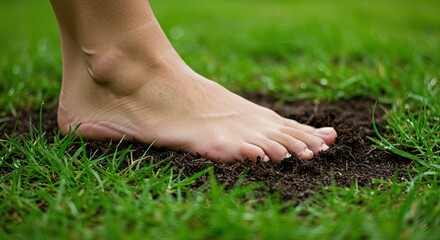 Bare foot presses into soil patch amidst green grass
