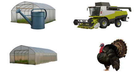 FARMING - Greenhouse with watering can, combine harvester in field, and wild turkey, agricultural farming and rural wildlife concepts