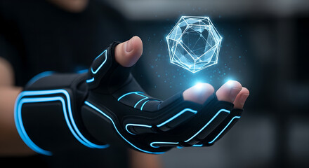 Futuristic human hand in advanced glove displaying virtual reality geometric design holographic