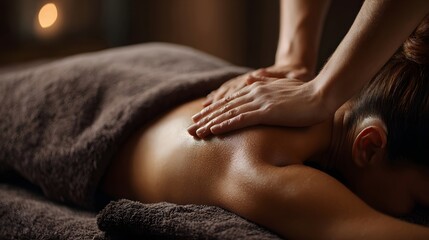 Obraz premium Masseuse hands perform a relaxing back massage with gentle touch on a client in a warm softly lit spa environment