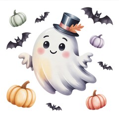 Playful cartoon ghost wearing a top hat surrounded by pumpkins and bats, perfect for Halloween-themed illustrations.