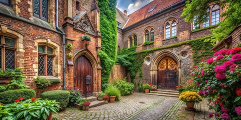 Fototapeta premium A Picturesque Courtyard with Ancient Brick Buildings, Lush Greenery, and Vibrant Flower Displays
