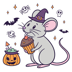 Whimsical Rat feeling Joyful in a Halloween setting with holding a cupcake – colored in Spooky Fun