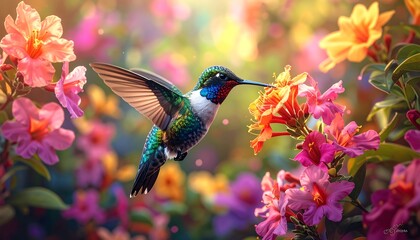 Fototapeta premium Vibrant hummingbird in a colorful flower garden